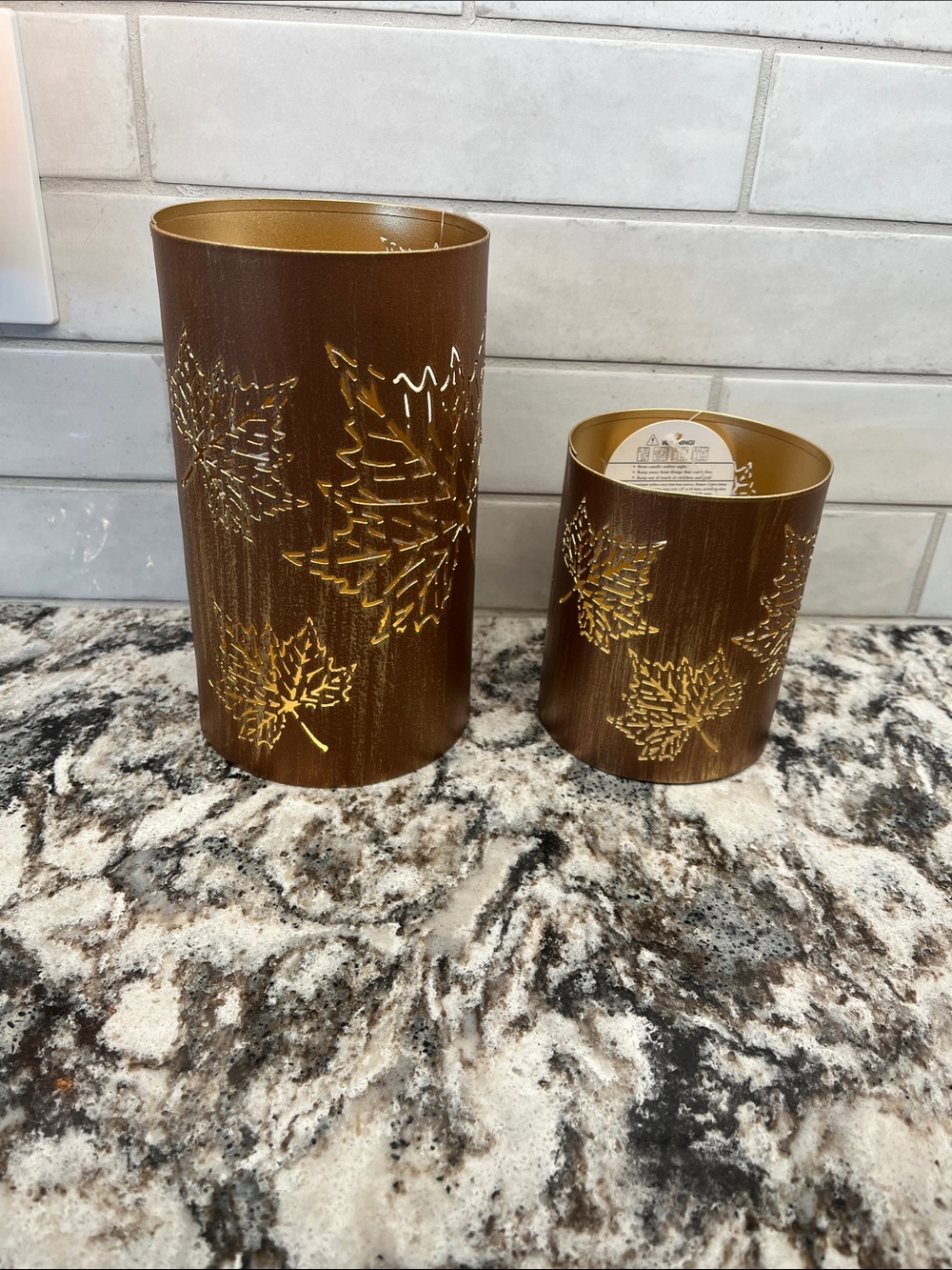 NEW Pair of Brown & Gold Leaf Metal Candle Holders